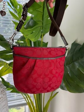 Coach Signature Monogram Red Brown Crossbody Bag Zip Vintage